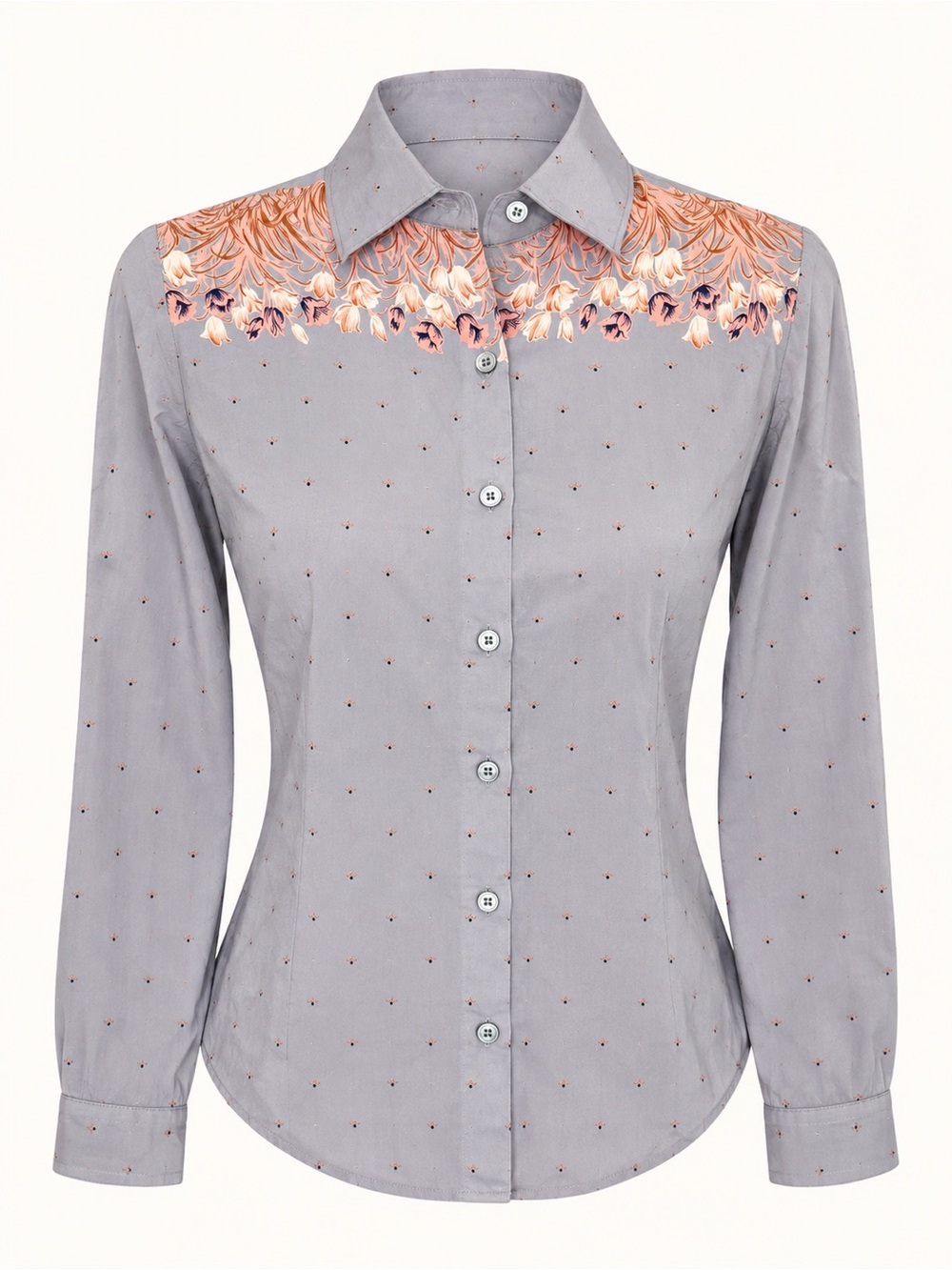 Mondi Gray Button-Down Shirt with Peach Floral 100% silk